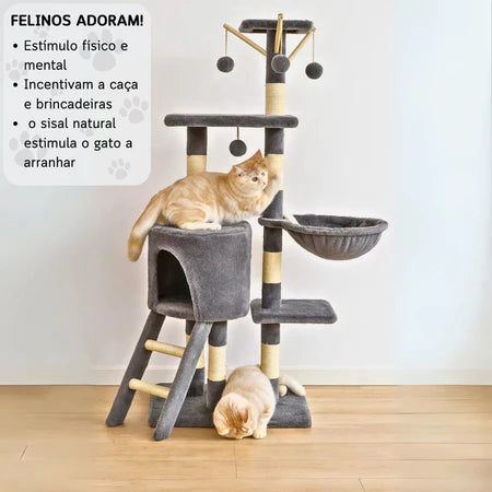 Arranhador Para Gatos Chalesco 4 Bases Casa Mega Torre Cinza